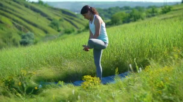 Jeune Femme Faisant Yoga Dans Prairie Verte Été Uttanasana — Video