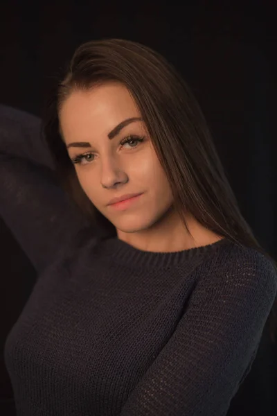 Beautiful Young Girl Wearing Sweater Posing Black Studio Background Touching — Stock Photo, Image