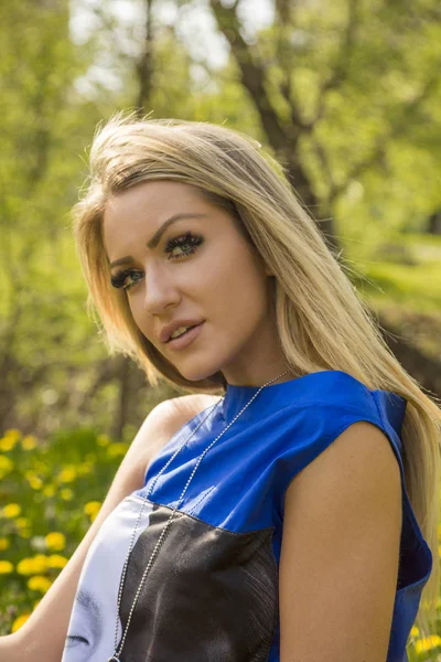 Vacker Blond Kvinna Snygg Blå Klänning Poserar Grön Äng Med — Stockfoto