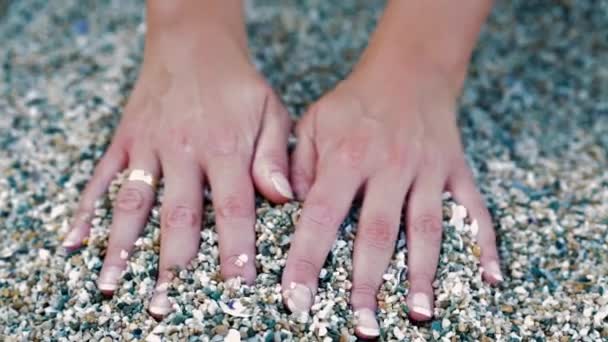Female Hands Touching Beach Pebbles Close — Stock Video