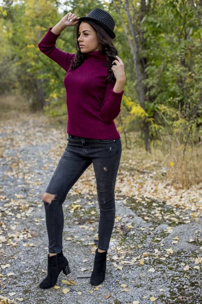 Porträt Einer Schönen Jungen Frau Pullover Und Hut Die Herbstlichen — Stockfoto