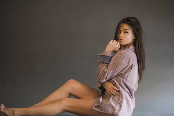 Closeup Portrait Beauty Young Woman Plaid Shirt Posing Grey Studio — Stock Photo, Image