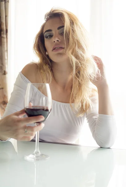 Young Beautiful Woman Glass Red Wine Looking Camera — 스톡 사진