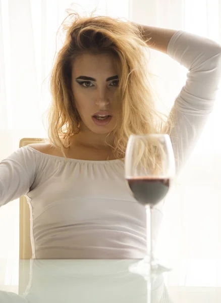 Young Beautiful Woman Glass Red Wine Looking Camera — 스톡 사진