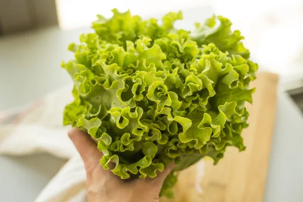 Mano Femminile Che Tiene Mazzo Foglie Insalata Sopra Tagliere Legno — Foto Stock