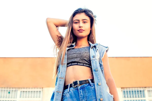 street look woman with jean jacket street vibe