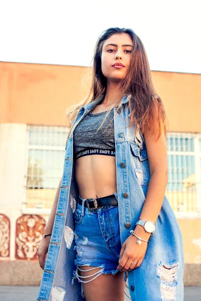 street look woman with jean jacket street vibe