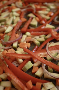 Bir demet renkli sonbahar sebze kabağı, kırmızı biber, ve fırın tepsisine serpiştirilmiş havuç, zeytinyağı ve bitkilerle serpilmiş, kızartılmaya hazır.