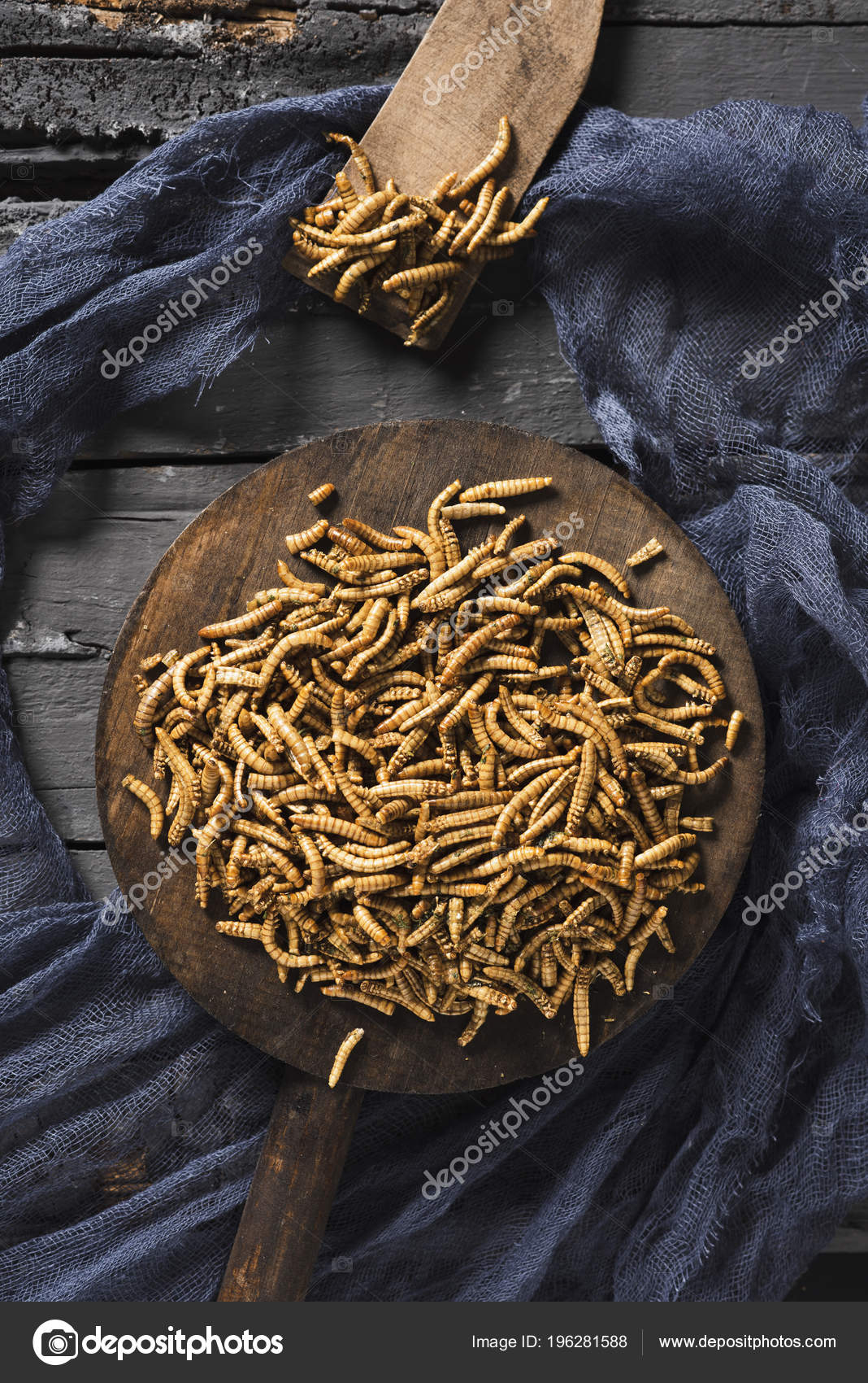 High Angle Shot Pile Fried Worms Seasoned Garlic Herbs Wooden Stock Photo  by ©nito103 196281588