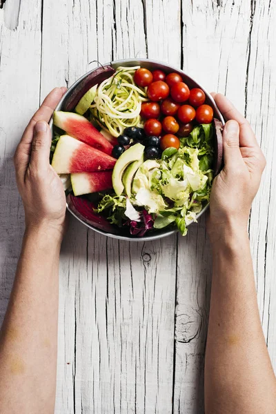 High Angle View Young Man Holding Appetizing Buddha Bowl Made — Stock Photo, Image