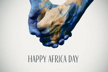 Afrika (Nasa tarafından döşenmiş) ve metin mutlu Afrika gün haritası ile desenli el ele tutuşarak insanlar