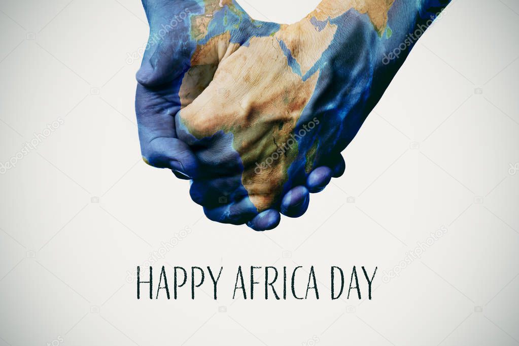 people holding hands patterned with a map of Africa (furnished by NASA) and the text happy africa day
