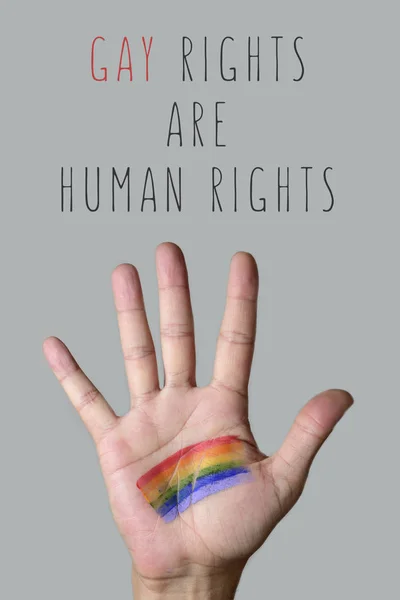 Closeup Palm Hand Young Caucasian Man Rainbow Flag Painted Text — Stock Photo, Image