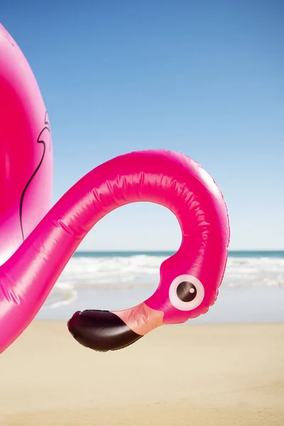 Close Anel Natação Forma Flamingo Rosa Praia Com Oceano Céu — Fotografia de Stock
