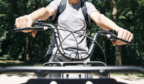 Closeup Young Caucasian Man Carrying Backpack Seen Front Riding Bike — Stock Photo, Image