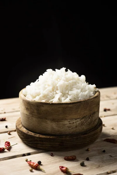 Closeup Boxwood Bowl Some Cooked Long Grain Rice Rustic Wooden — Stock Photo, Image