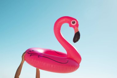 Genç bir beyaz adam yüzerek closeup halka karşı boş bir boşluk ile gökyüzü onun elinde pembe bir flamingo şeklinde