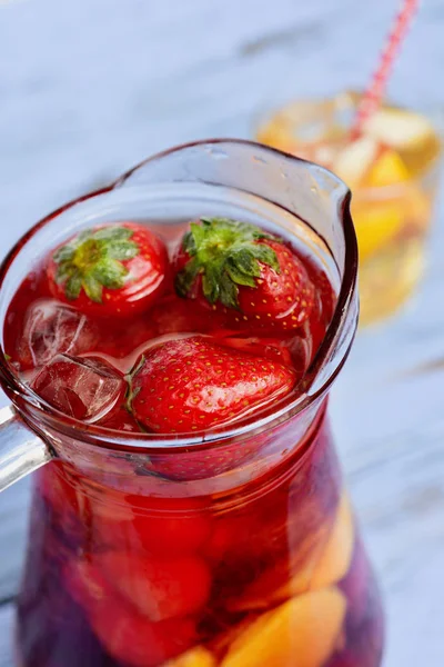 Closeup Glass Pitcher Typical Spanish Sangria Some Pieces Fresh Fruit — Stock Photo, Image