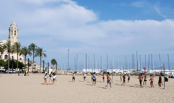 Sitges Spain July 2018 People Playing Volleyball Platja Fragata Beach — Stock Photo, Image