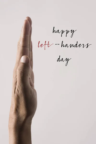 Left Hand Young Man Text Happy Left Handers Day Beige — Stock Photo, Image