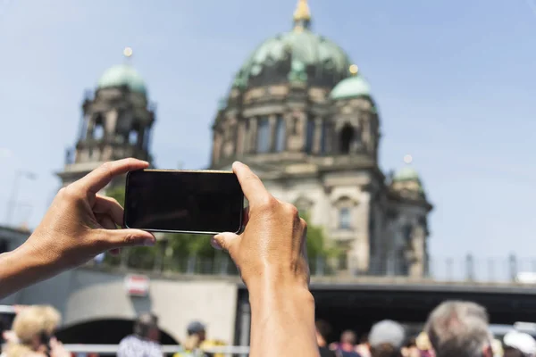 Closeup Young Caucasian Man Taking Picture Berlin Cathedral Berlin Germany — Stock Photo, Image
