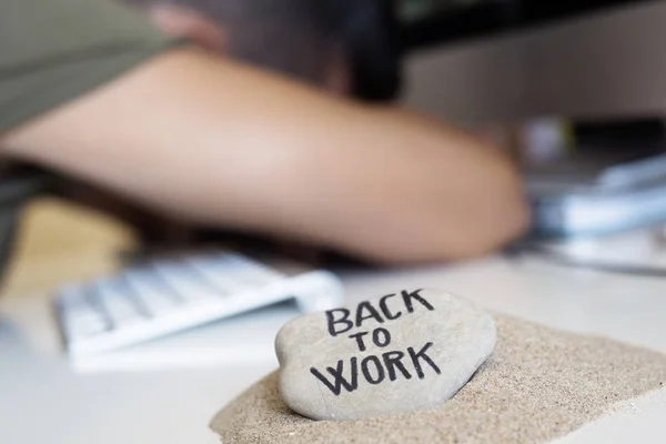 Closeup Concerned Man Sitting His Office Desk Stone Pile Sand — Stock Photo, Image