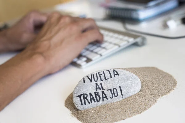 Closeup Man Sitting His Office Desk Stone Pile Sand Foreground — Stock Photo, Image