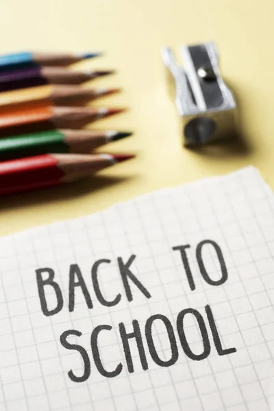 Closeup Note Text Back School Some Pencil Crayon Different Colors — Stock Photo, Image