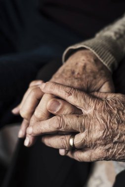 closeup of a young caucasian man holding the hand of an old caucasian woman, with their fingers entwined with affection clipart