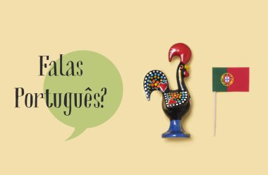 bir horoz Barcelos, Portekiz arması, Portekiz bayrağı ve soru ırmaktır Portekizce, Portekizce biliyor musun? Portekizce, sarı bir arka plan karşı yazılı