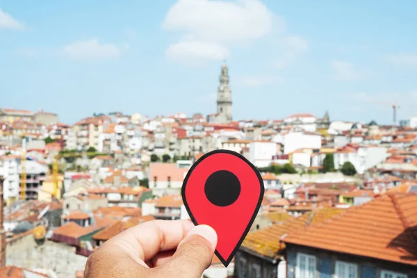 Closeup Hand Young Caucasian Man Red Marker Pointing Old Town — Stock Photo, Image