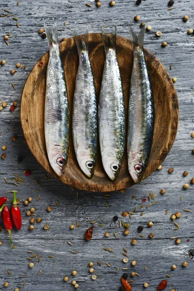 High Angle View Some Raw Sardines Boxwood Plate Placed Gray — Stock Photo, Image