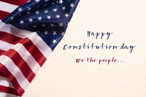 Closeup Flag United States Text Happy Constitution Day White Background — Stock Photo, Image