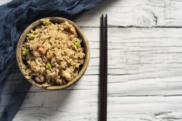 High Angle View Boxwood Bowl Chinese Fried Rice Pair Chopsticks — Stock Photo, Image