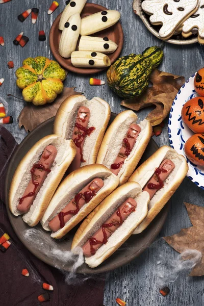 High Angle View Assortment Funny Halloween Food Hotdogs Shape Bloody — Stock Photo, Image