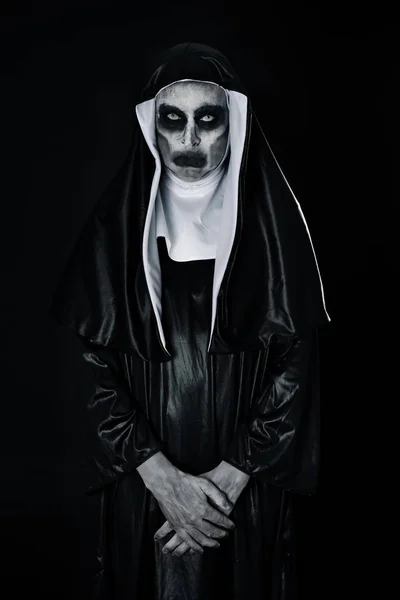 Porträt Einer Furchterregenden Bösen Nonne Die Ein Typisches Schwarz Weißes — Stockfoto