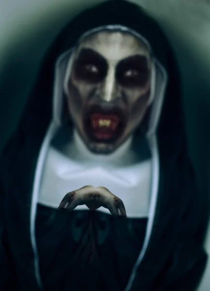 Closeup Frightening Evil Nun Bloody Teeth Wearing Typical Black White — Stock Photo, Image