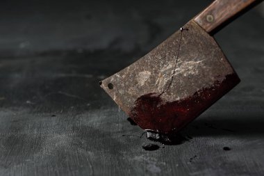kan, dolu bir eski ve paslı et cleaver closeup sıkışmış bir koyu yeşil rustik yüzey üzerinde