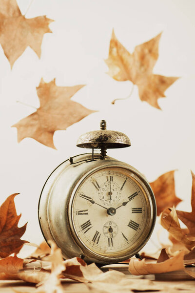 closeup of an old and rusty alarm clock surrounded by dry leaves, depicting the end of the summer time and the beginning of autumn
