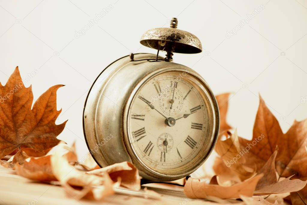 closeup of an old and rusty alarm clock surrounded by dry leaves, depicting the end of the summer time and the beginning of autumn