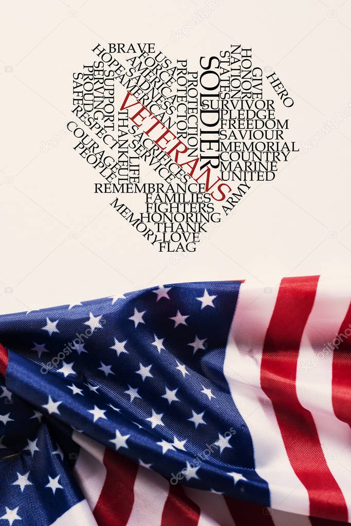 some american flags and a tag cloud, in the shape of a heart, with words to honor the military veterans and their service to the United States