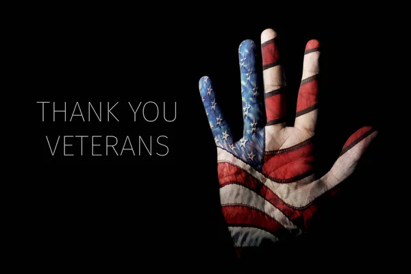 特写镜头的人的手 与美国的旗帜在他的手掌图案 从黑暗中出现 文本感谢你的老兵 — 图库照片