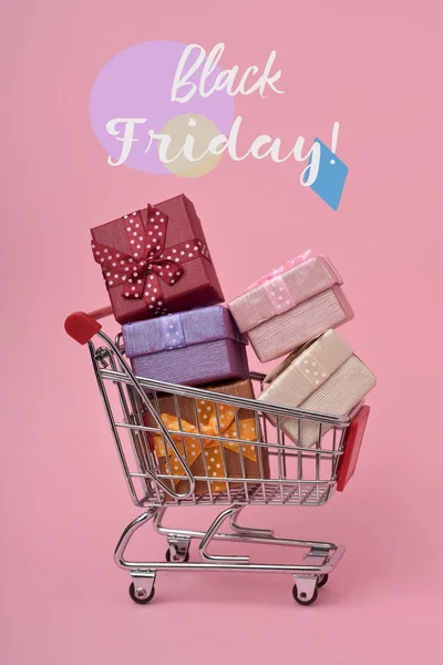 Shopping Cart Full Gifts Different Colors Text Black Friday Pink — Stock Photo, Image