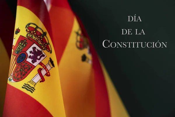Bazı Spanyol Bayrakları Metin Dia Constitucion Spanyolca Olarak Koyu Yeşil — Stok fotoğraf