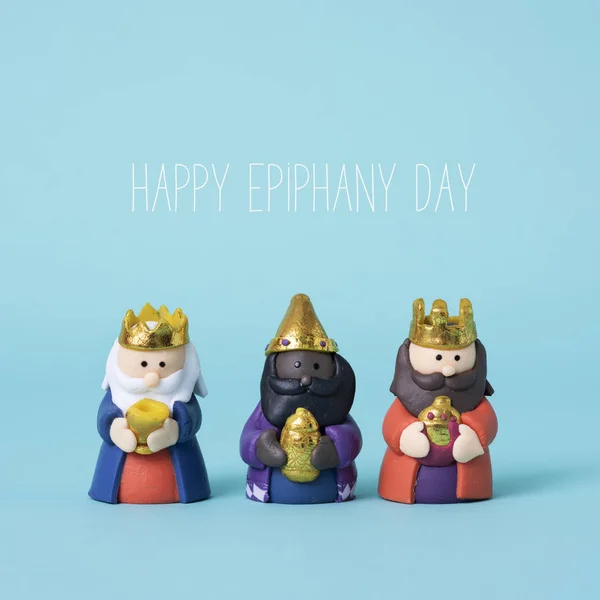 Los Tres Sabios Texto Feliz Día Epifanía Sobre Fondo Azul —  Fotos de Stock