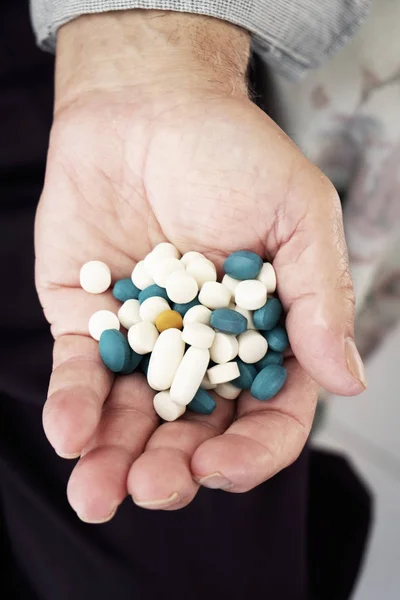 Closeup Senior Caucasian Man Pile Different Pills His Hand — Stock Photo, Image