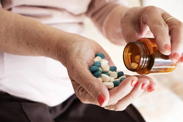 Closeup Senior Caucasian Woman Pile Different Pills His Hand — Stock Photo, Image