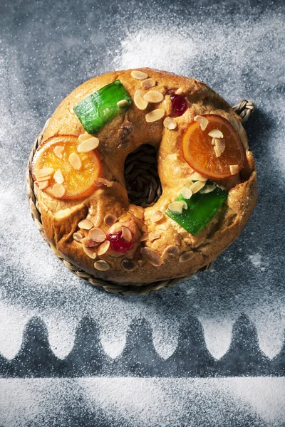 Closeup Roscon Reyes Spanish Three Kings Cake Eaten Epiphany Day — Stock Photo, Image