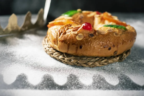 Closeup Roscon Reyes Spanish Three Kings Cake Eaten Epiphany Day — Stock Photo, Image