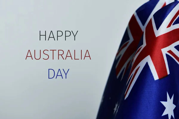 Närbild Några Australiska Flaggor Och Texten Happy Australien Dagen Mot — Stockfoto